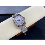 Sunday Calendar series women's watch, mother-of-pearl dial, rose gold bezel, 36mm, two-tone President-style bracelet.